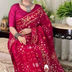 ✨ Half Silk Zari Jamdani — Premium Collection – Hot Pink